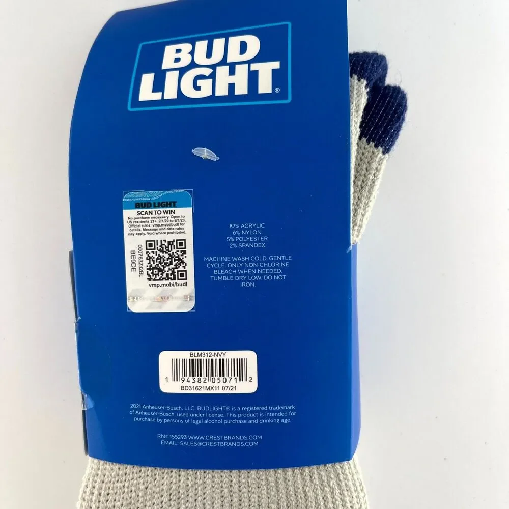 Bud‎ Light Men's Heat Socks Full Cushion Thermal Crew Sock Size 10-13 Navy Blue